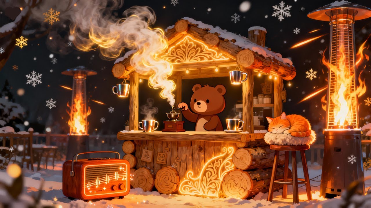 Night Coffee Lo-Fi ☕❄️ | Cozy Jazz for Late Night Focus with Bear & Cat
