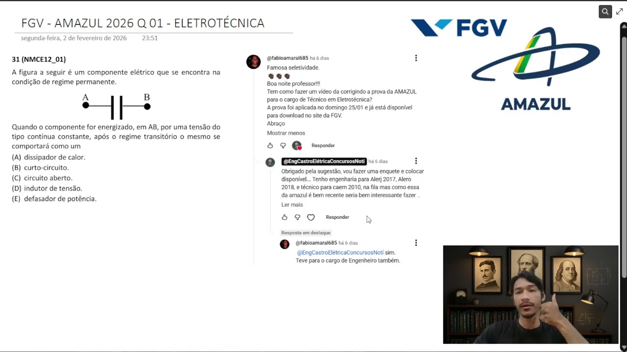 FGV - AMAZUL 2026 - Q31 - ELETROTÉCNICA - Dispositivos Elétricos