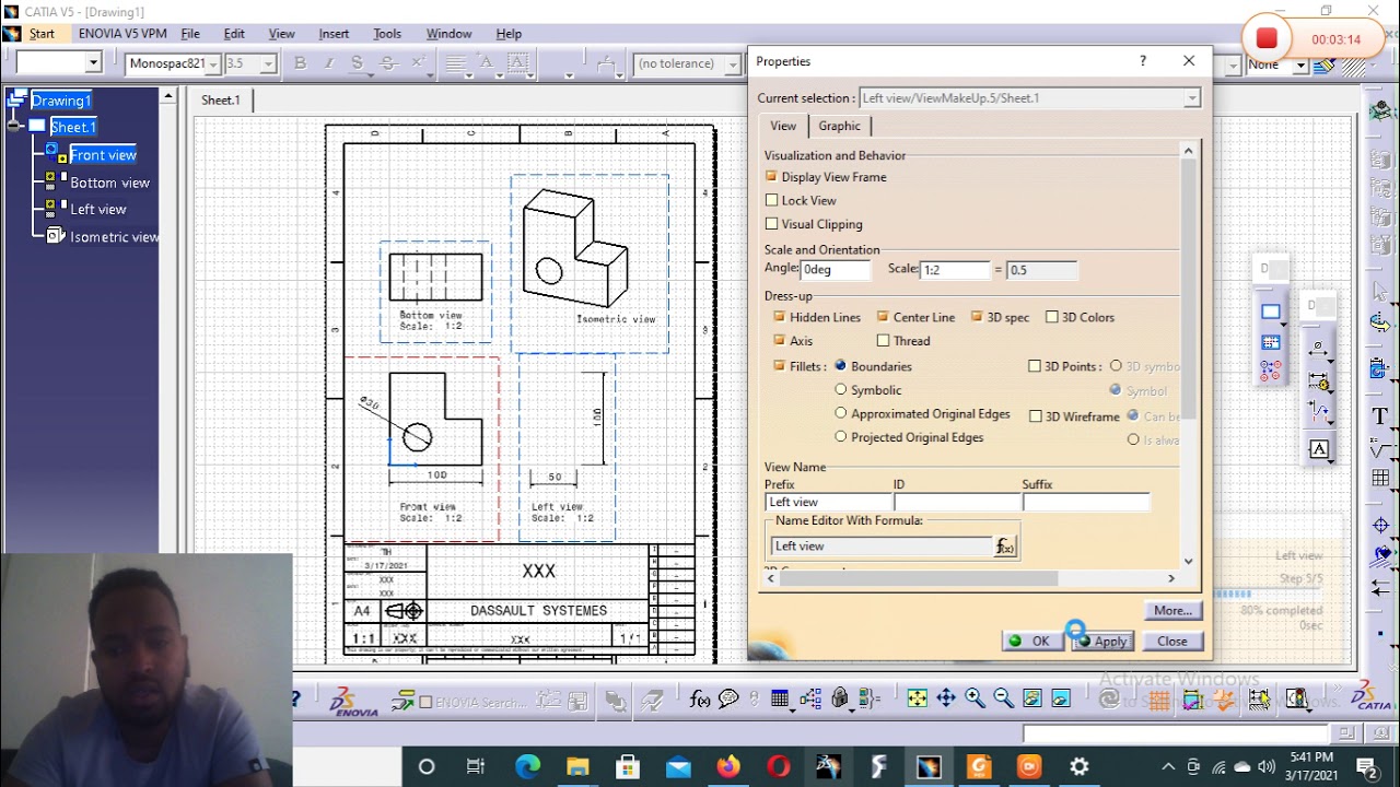 How to insert dimension, hidden line, center line, axis, edit title block using CATIA V5 Software