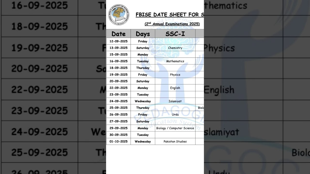 Fbise 2nd Annual Exam date sheet for 9th and 10th! 🗓️📚 #Exams #Datesheet #Education #federalboard #