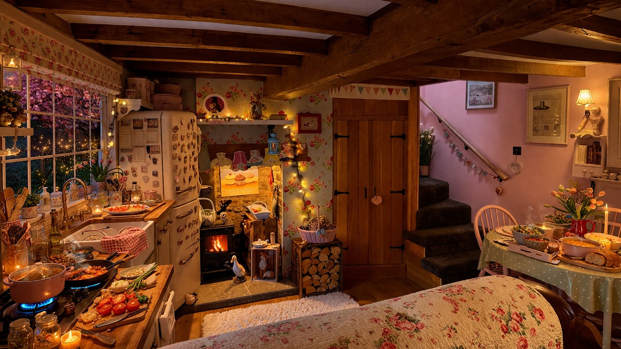 Cozy Spring Night Kitchen 🌙🔥 Warm Cooking Sounds & Fireplace Ambience for Relaxing