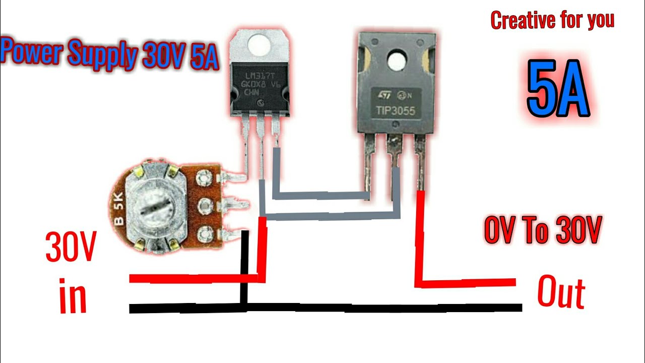 Simple Voltage Regulator 0V to 30V 5A using LM317 and TIP3055 Transistor