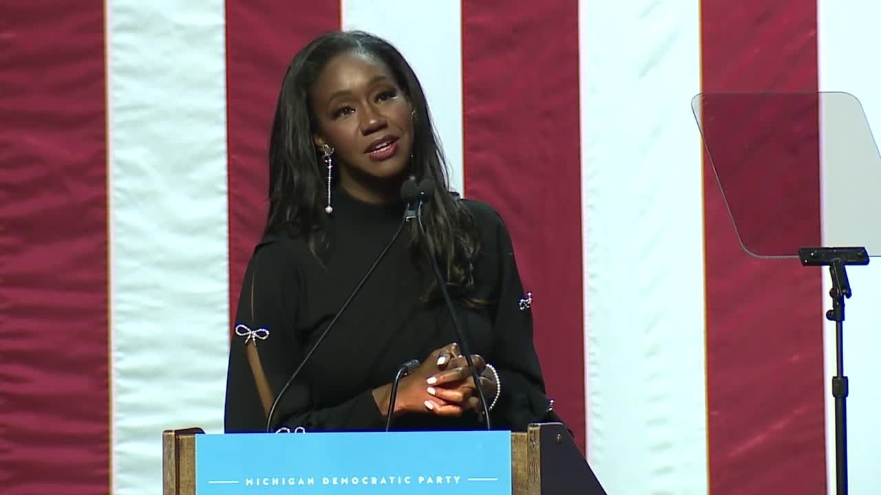 Michigan Supreme Court Justice Kyra Harris Bolden speaks at watch party in Detroit