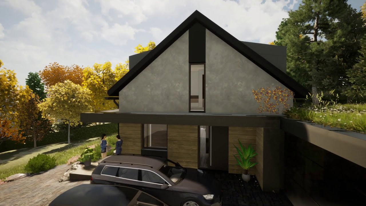 Architektonická studie rodinného domu s garáží ve svahu. Interiér, projekt, design.