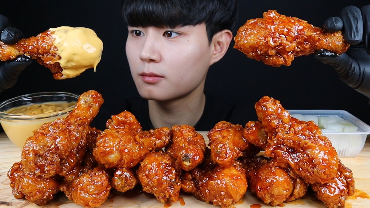 BBQ황금올리브양념닭다리치킨 먹방ASMR Sweet chicken Cheese sauce mukbang スイートチキン  ไก่หวาน G&agrave; ngọt eating sounds