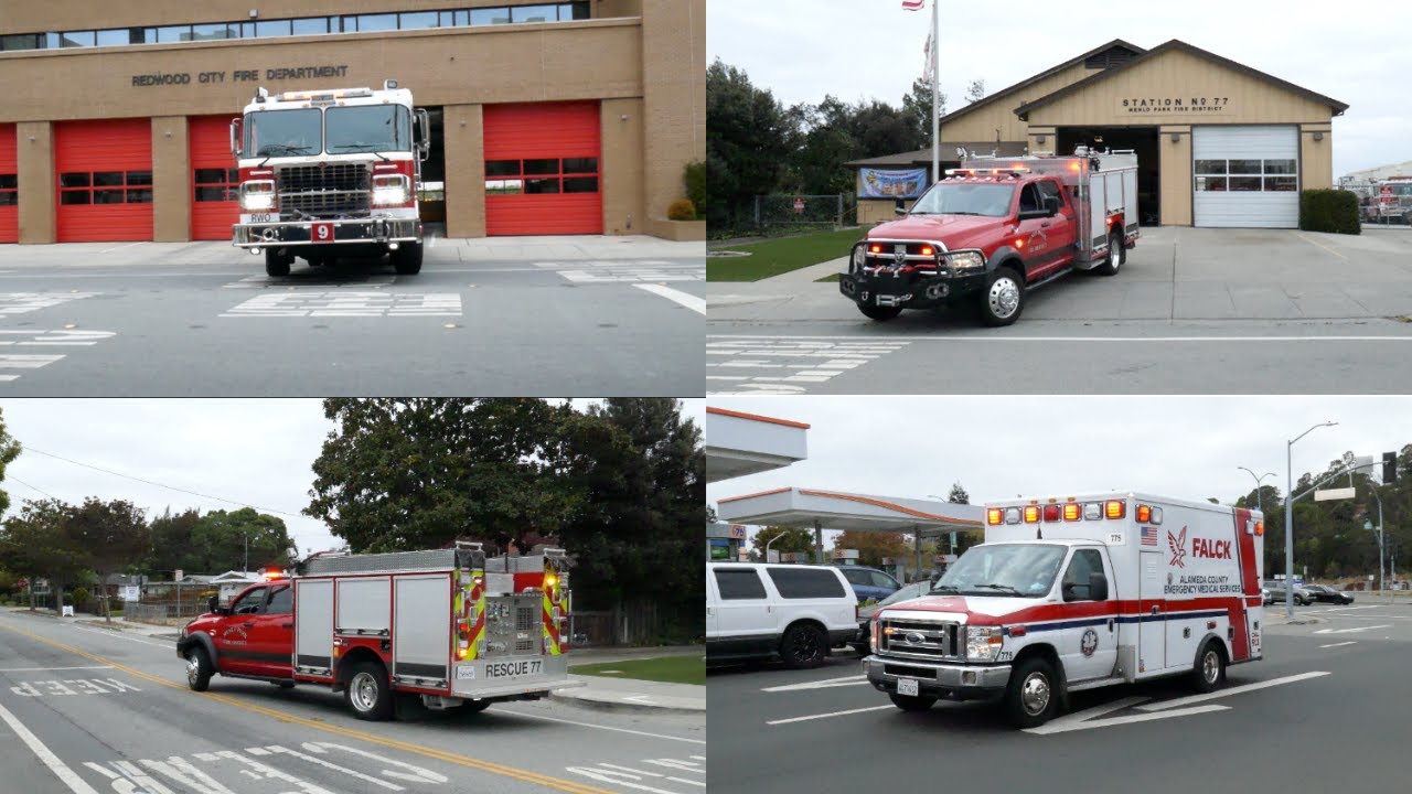 Redwood City Fire Dept. Engine 9 + Menlo Park Fire District Rescue 77 + Falck Medic 775 Responding