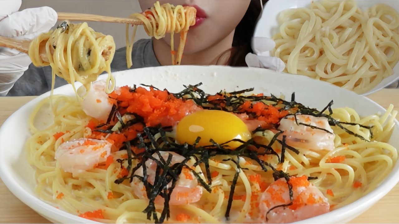 ASMR えび明太クリームパスタ  〆にうどん?♡ Mentaiko Cream Pasta, Udon eating sounds