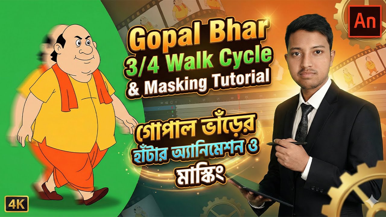 Gopal Bhar 3/4 Walk Cycle & Masking Tutorial | গোপাল ভাঁড়ের হাঁটার অ্যানিমেশন ও মাস্কিং | Class 37