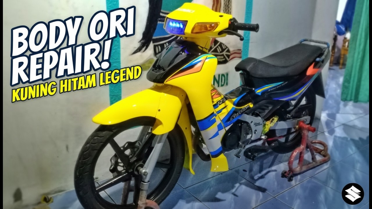Restorasi Satria Lumba Kuning Hitam: Body Original Repair & Striping Standar