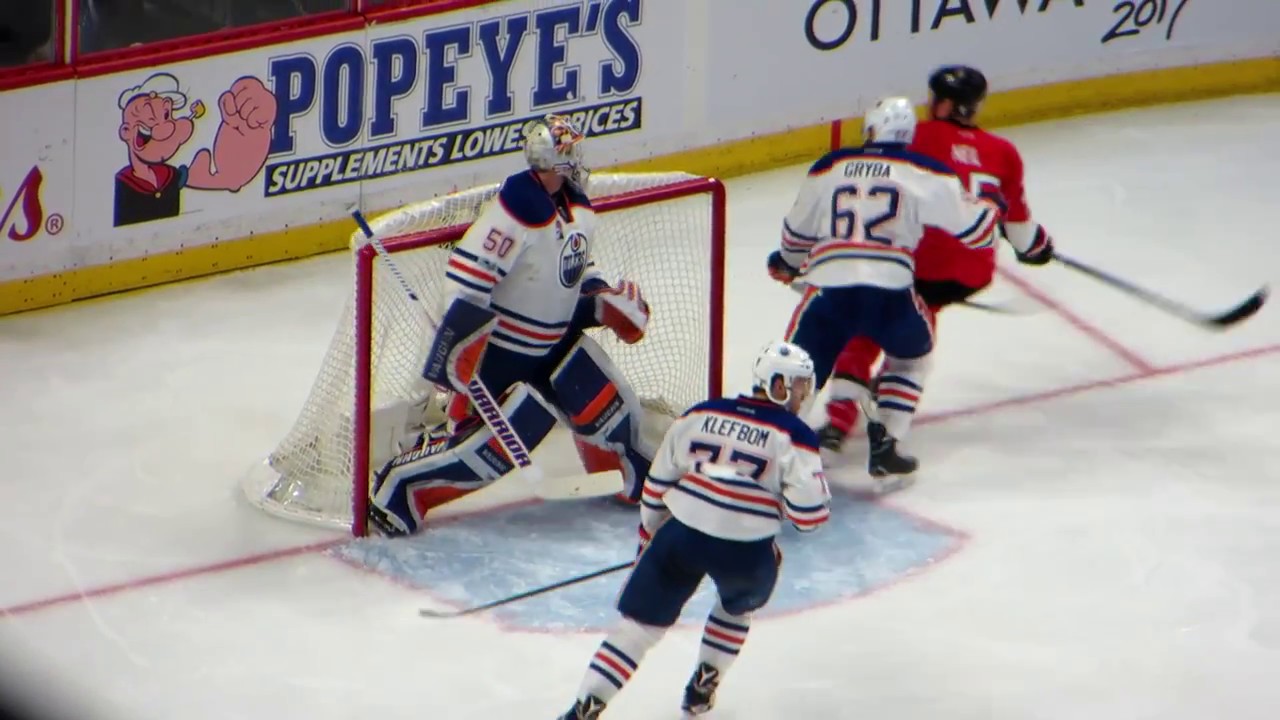 Jonas Gustavsson in action during the Oilers @ Senators hockey game