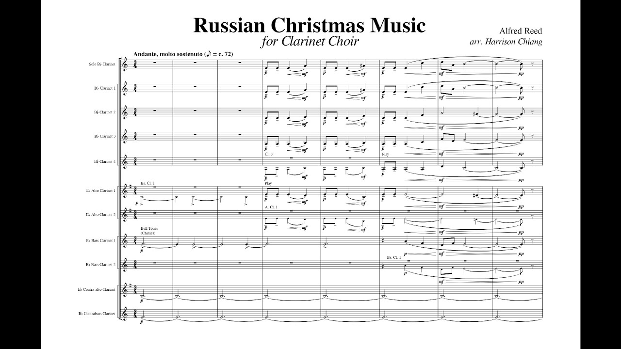 Russian Christmas Music by Alfred Reed - Clarinet Choir (Score Video)