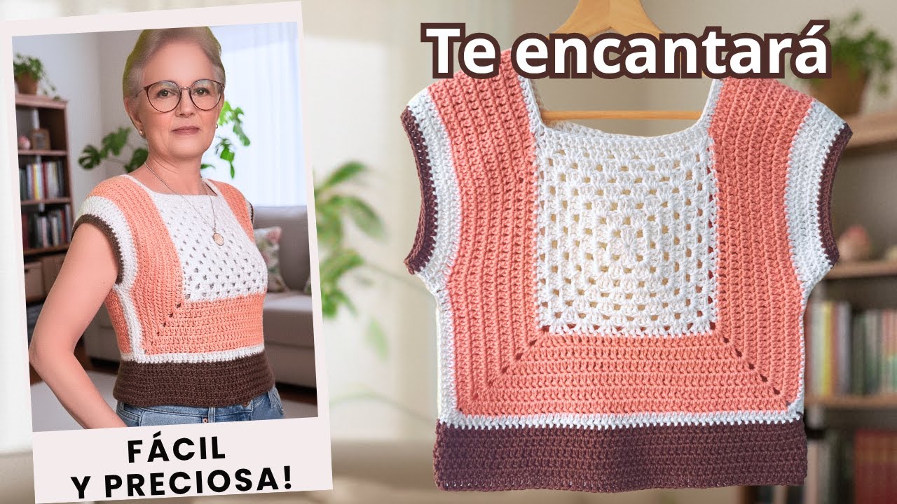 Blusa a crochet con 2 GRANNYS Muy f&aacute;cil y moderna ✨ Paso a paso para principiantes