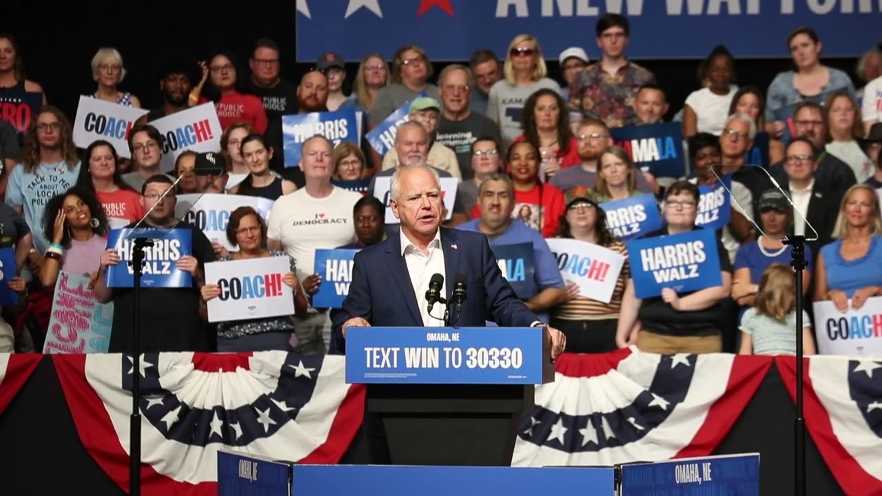 Gov. Tim Walz delivers remarks during campaign rally in Omaha area