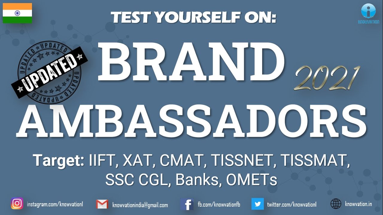 Important Brand Ambassadors | Latest 2021 | Current Affairs | IIFT, XAT, CMAT, TISSNET, TISSMAT, RBI