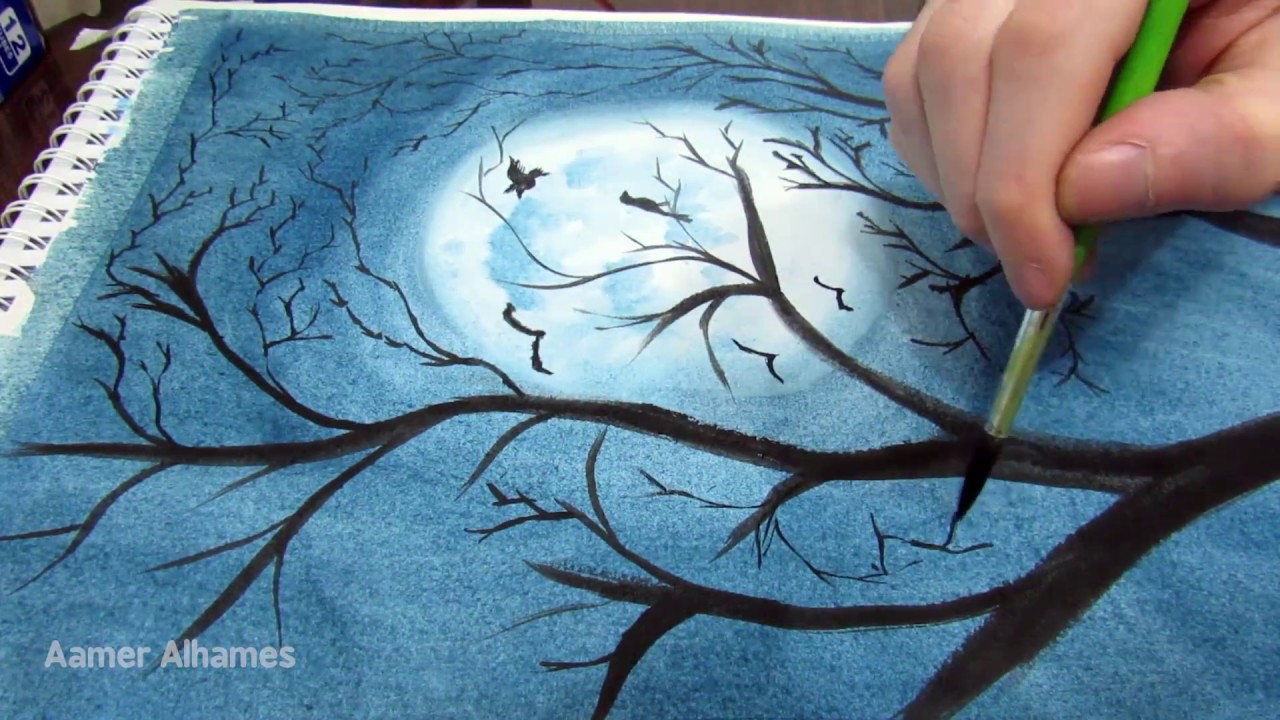 رسم منظر القمر مكتمل خلاب بالألوان المائية│ Draw the moon in watercolor