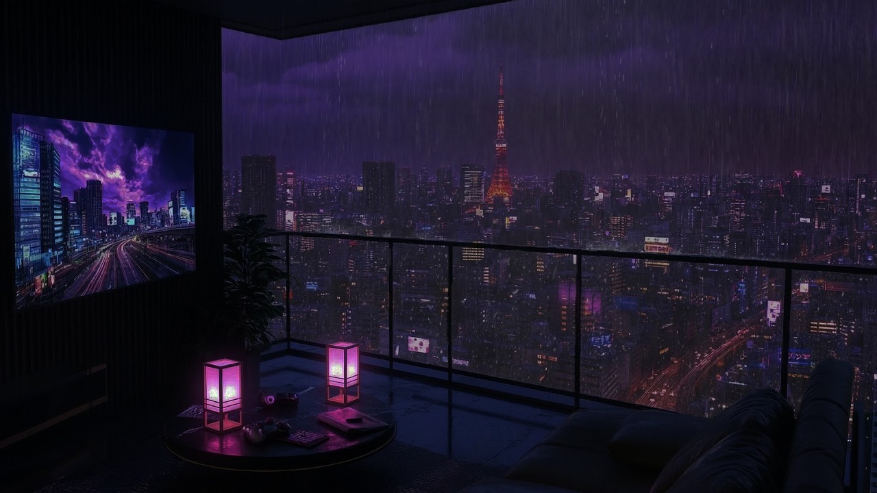 After Dark in Tokyo 🌧️ | Cozy Balcony Rain View | Relaxing Rain Sounds for Sleep & Focus