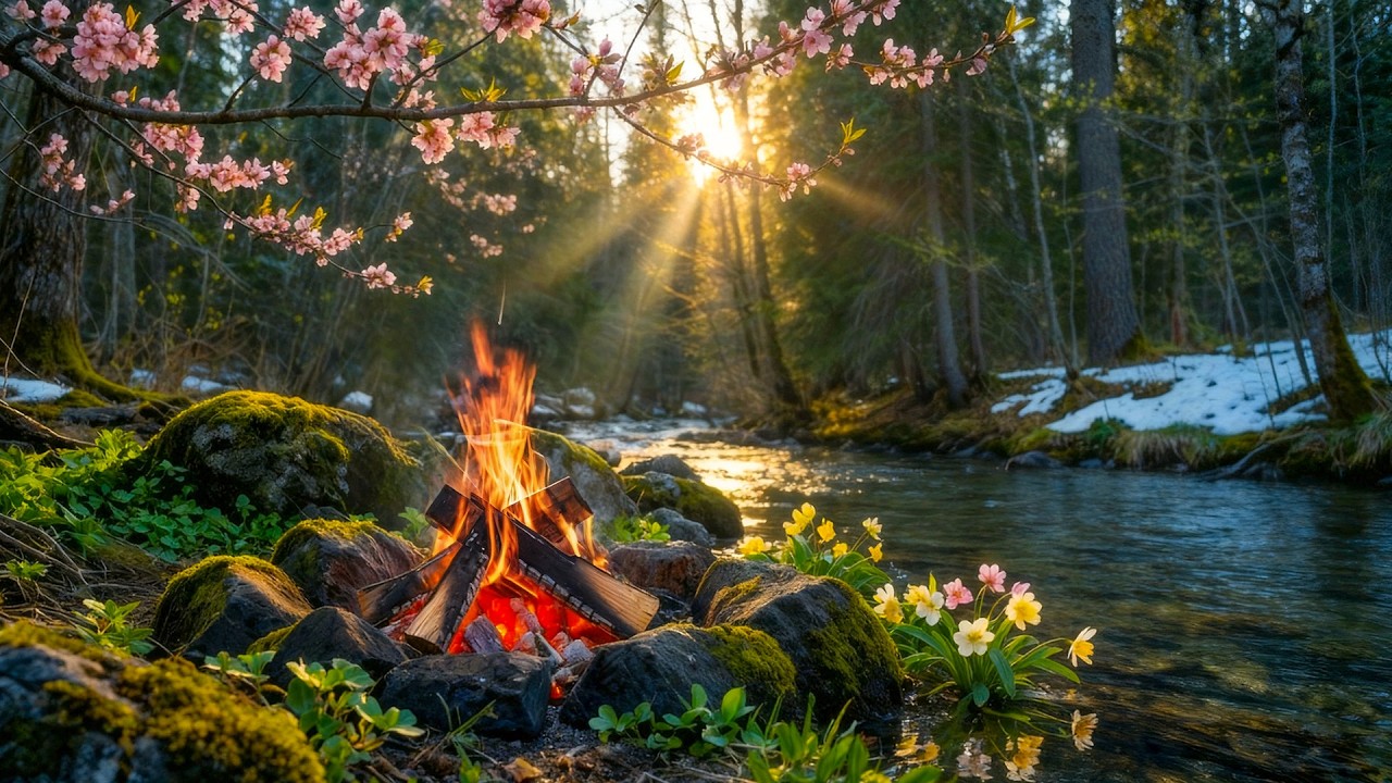 Early Spring Campfire Ambience 🌸🔥 Creek Sounds, Blossoms, and Gentle Forest Light