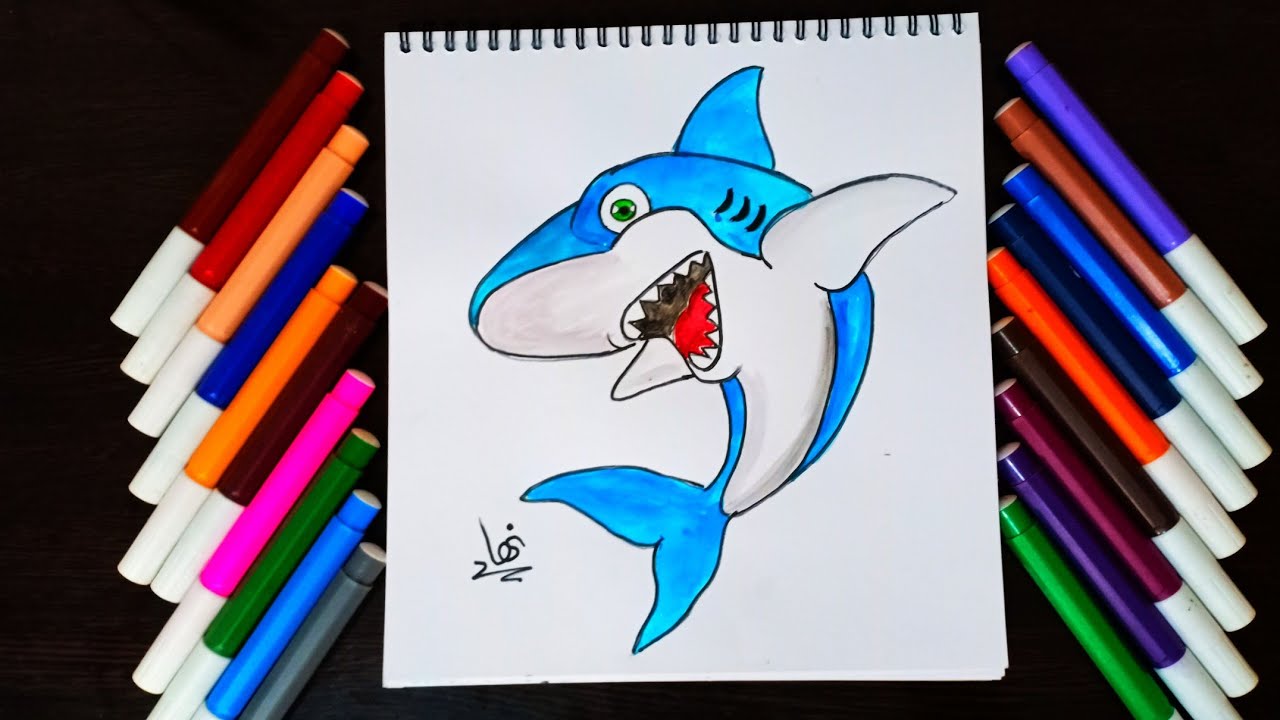 رسم سمكه القرش للاطفال والمبتدئين خطوه بخطوه 🎨🖌️