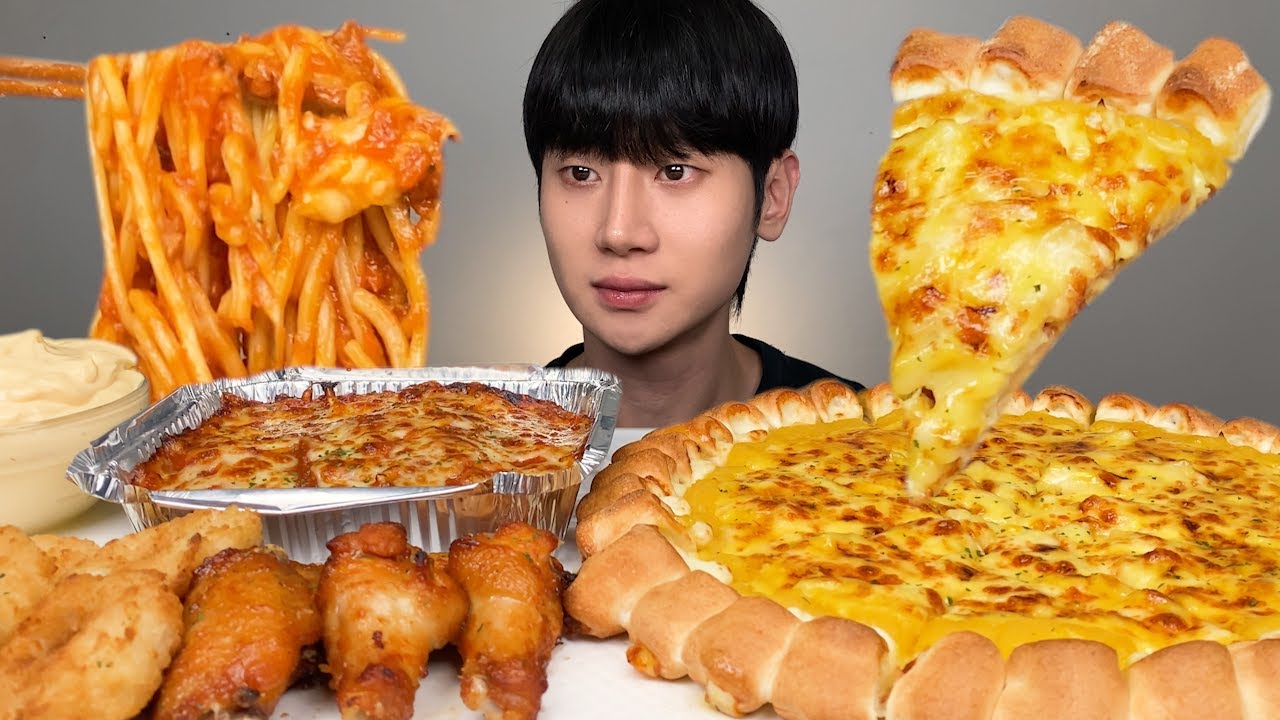 피자스쿨 고구마피자 치즈바이트 & 치즈오븐스파게티,버팔로윙 치킨,새우링 먹방~갈릭디핑소스 듬뿍! ASMR Sweet Potato Pizza & Pasta MUKBANG