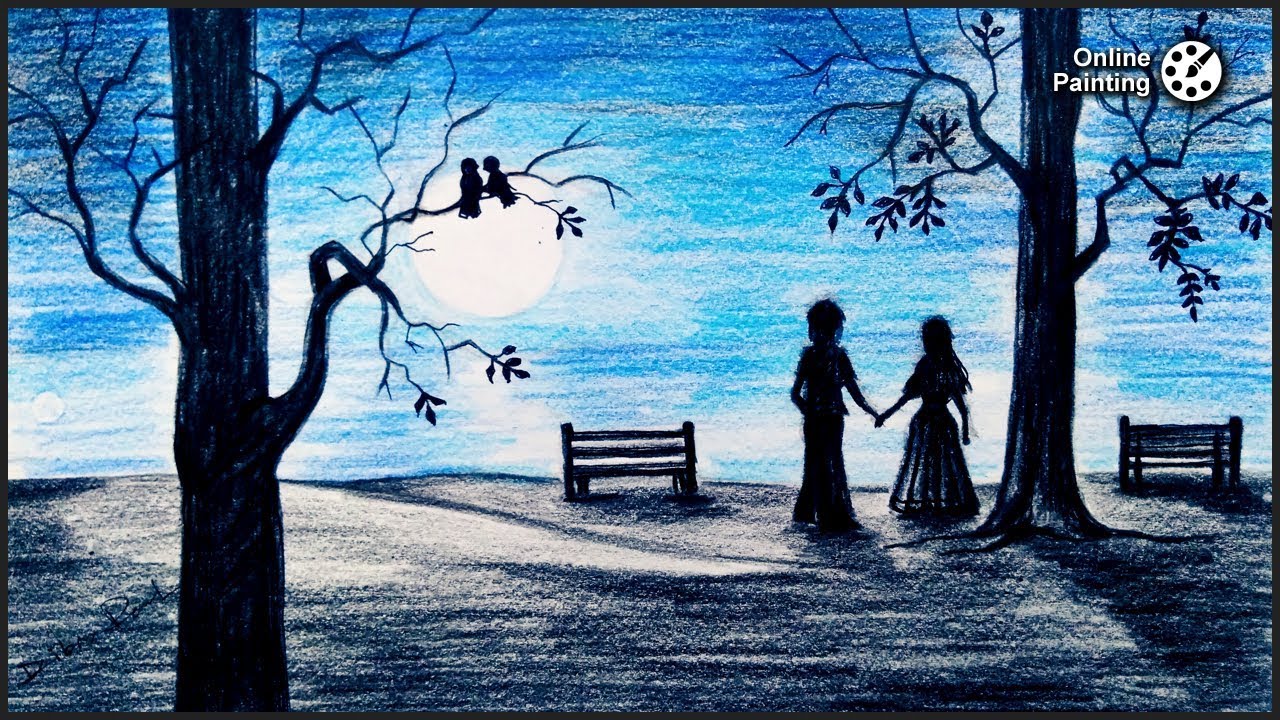 Moonlight Couple Scene with Pencil Sketch Simple step by step Drawing for Beginners
