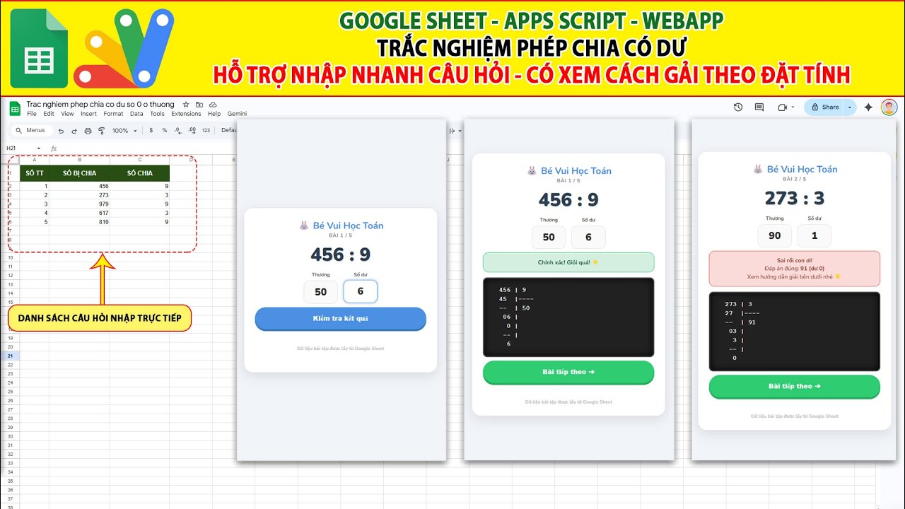 Google sheet webapp Vui Học Toán | Ứng dụng Luyện Phép Chia Trực Quan Cho Lớp 3 - 4