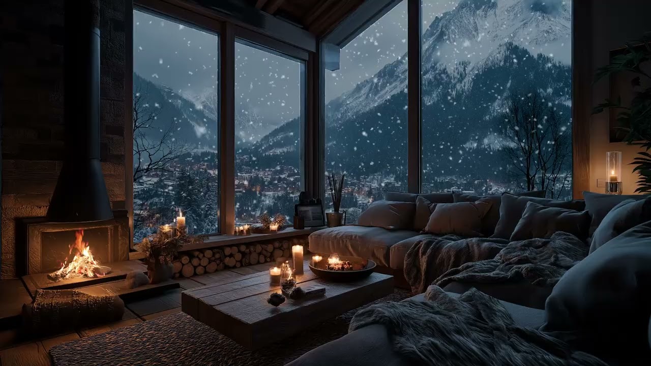 🔥 Fireside winter comfort | Warm glow and falling snow for soothing relaxation.