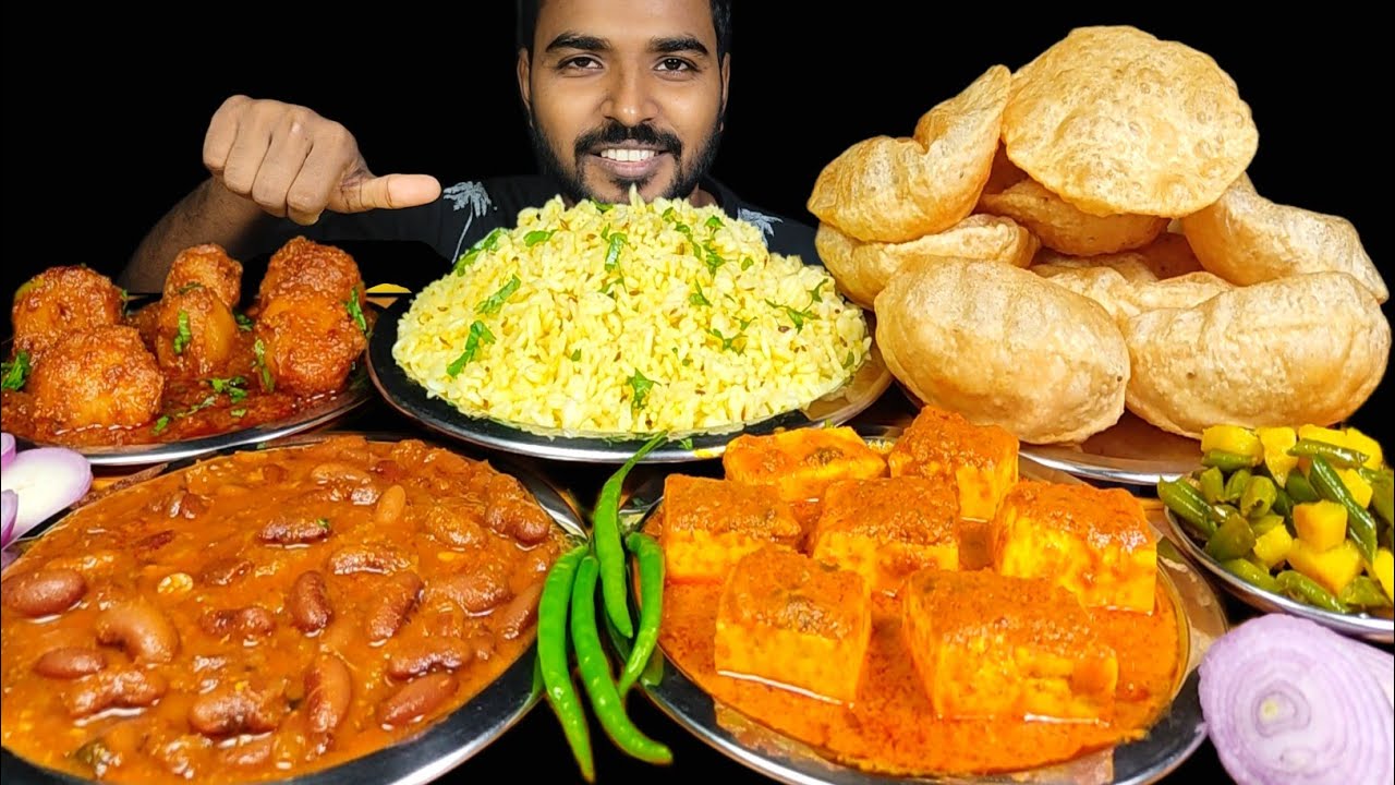 Eating Spicy Dum Aloo With Luchi/Puri | Rajma, Jeera Rice, Sahi Paneer & Beens Aloo Mukbang