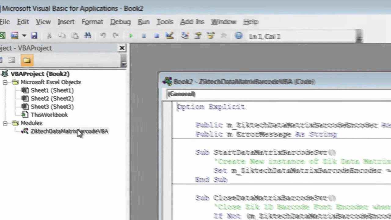 How to use Ziktech DataMatrix Barcode Solution in Excel