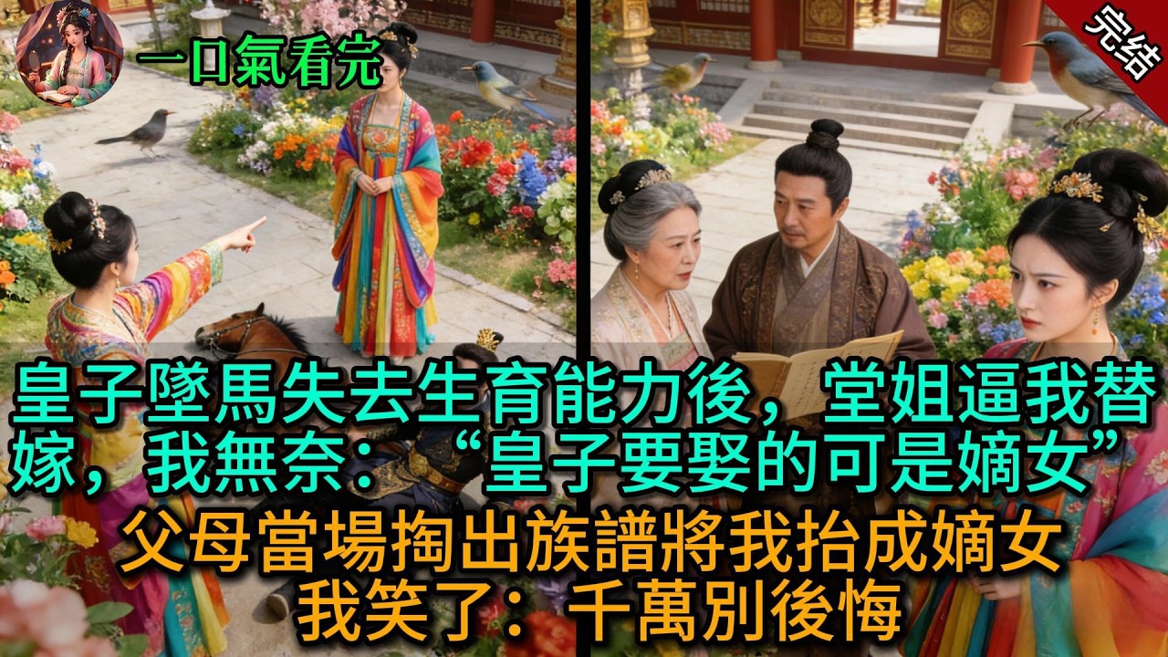 【原創已完結】皇子墜馬失去生育能力後，堂姐逼我替嫁，我無奈：“皇子要娶的可是嫡女。”父母當場掏出族譜將我抬成嫡女，我笑了：千萬別後悔