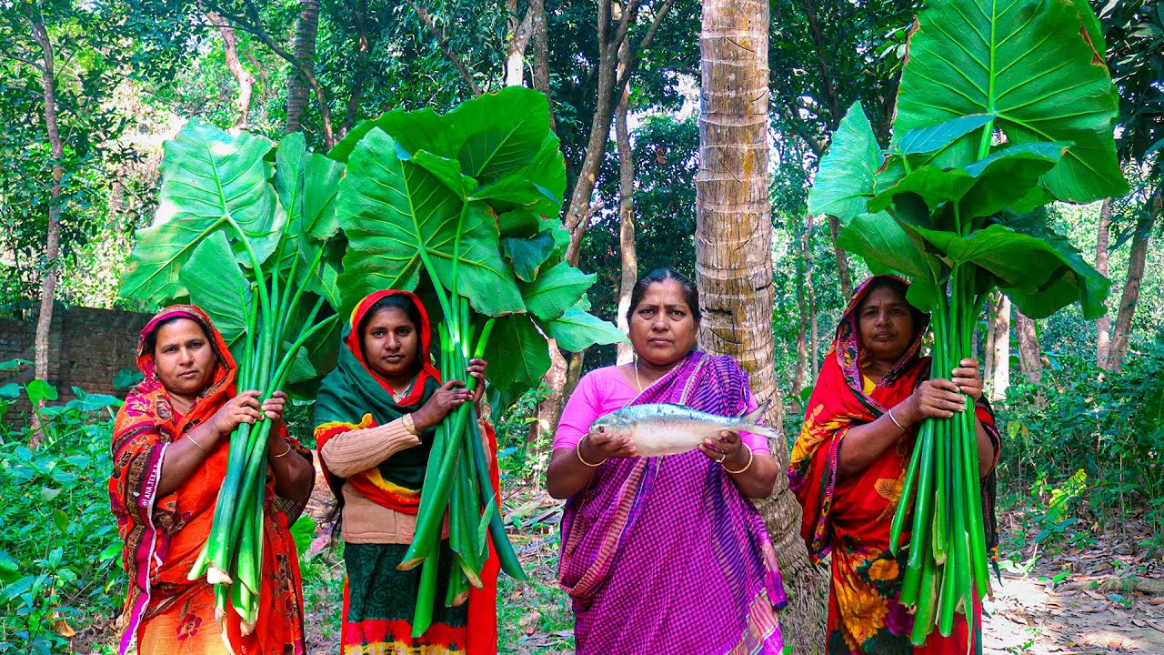 Arum Spinach with Hilsa Ilish Cooking Recipe by Village Food Life