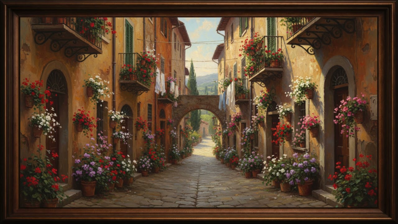 Charming Italian Street with Flowers – Framed Oil Painting 4K (1H Ambient)