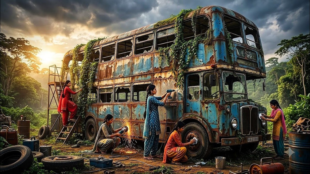 😱 Pięć si&oacute;str ze wsi zamieniło ogromny, opuszczony, zardzewiały piętrowy autobus w luksusowy dom marzeń! 🚌✨
