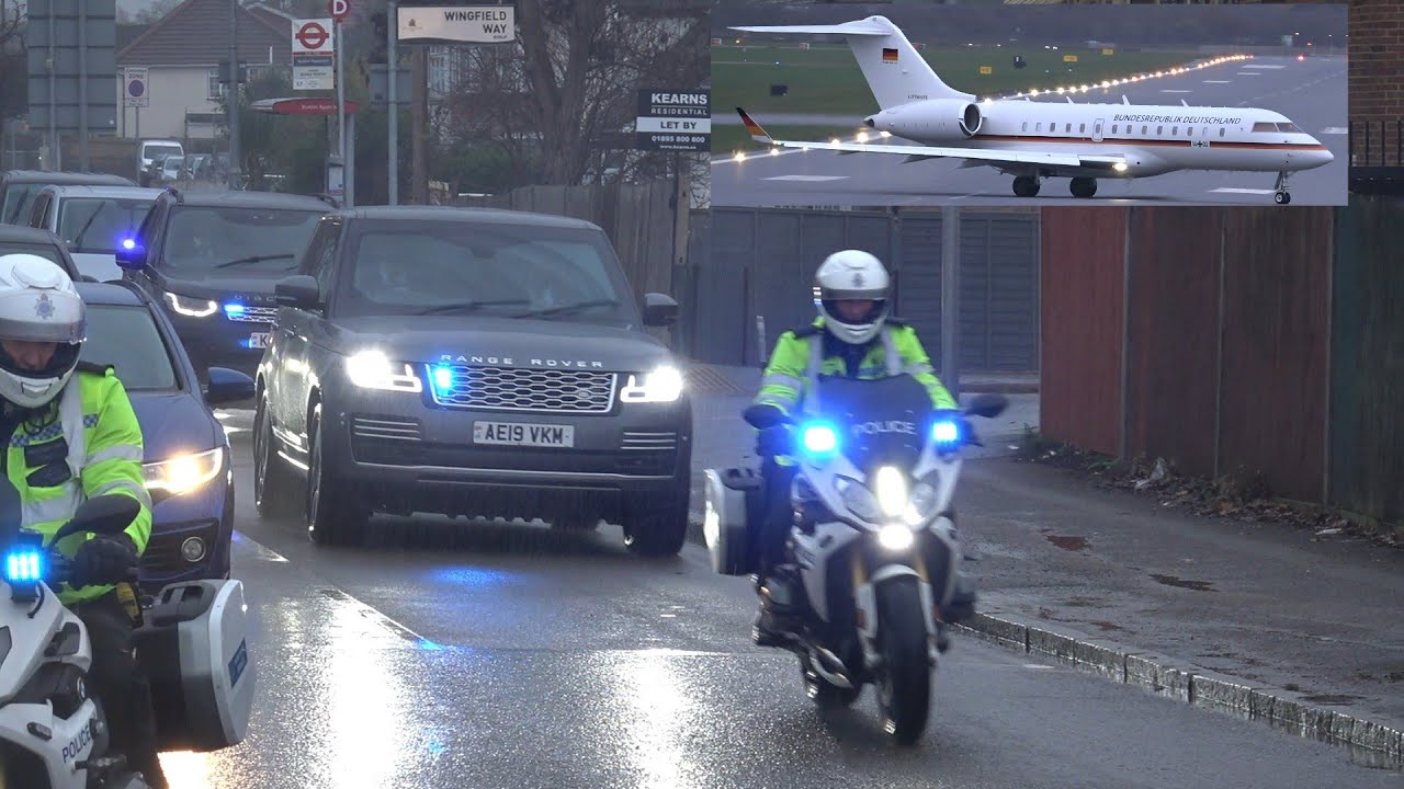 German Chancellor motorcade arriving at RAF Northolt. 