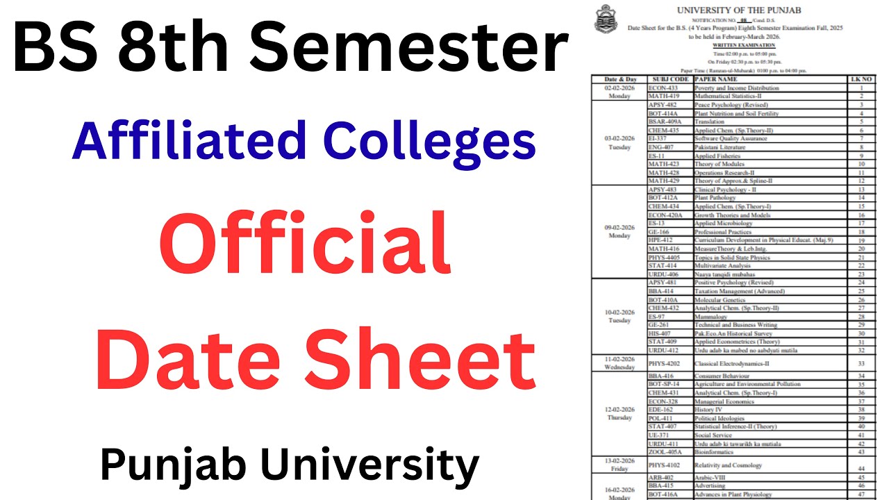 BS 8th Semester Official Date Sheet Colleges 2026 PU | Affiliated Colleges CS | BS Date Sheet PU