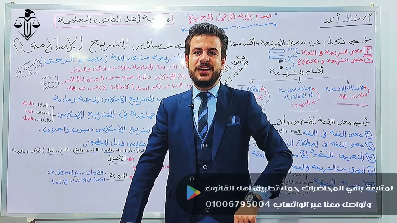 المحاضره الأولي في مادة الشريعة الاسلامية   كلية الحقوق  أ   خالد أحمد   أهل القانون