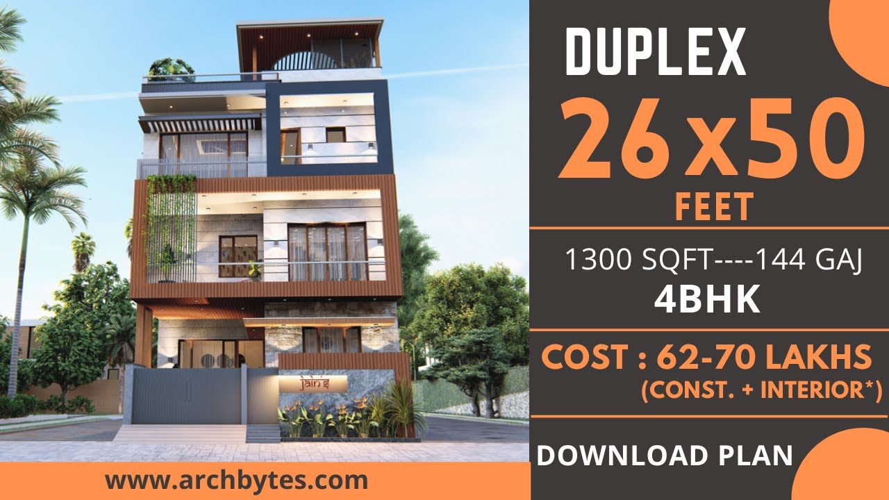 26x50 House Design - 4BHK House Plans | 8X15 Meters | 144 Gaj | ArchBytes