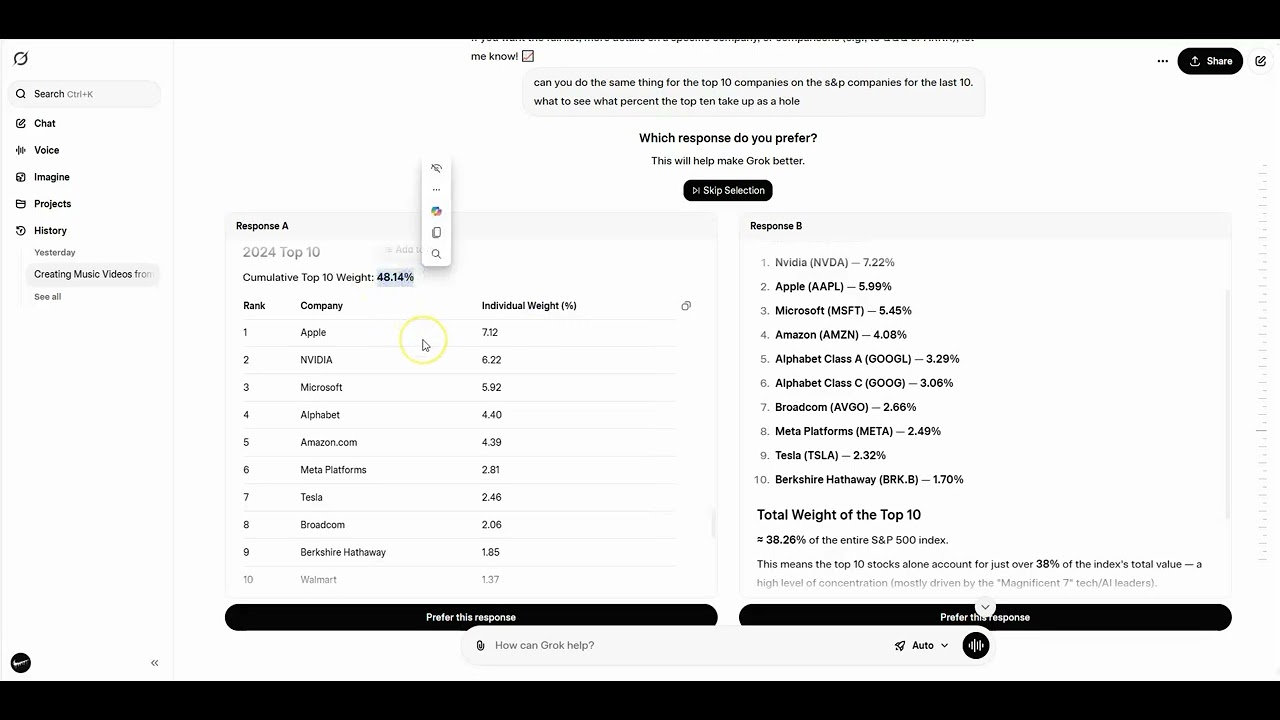 Using Grok to find out the top 10 companies on the S&P 500