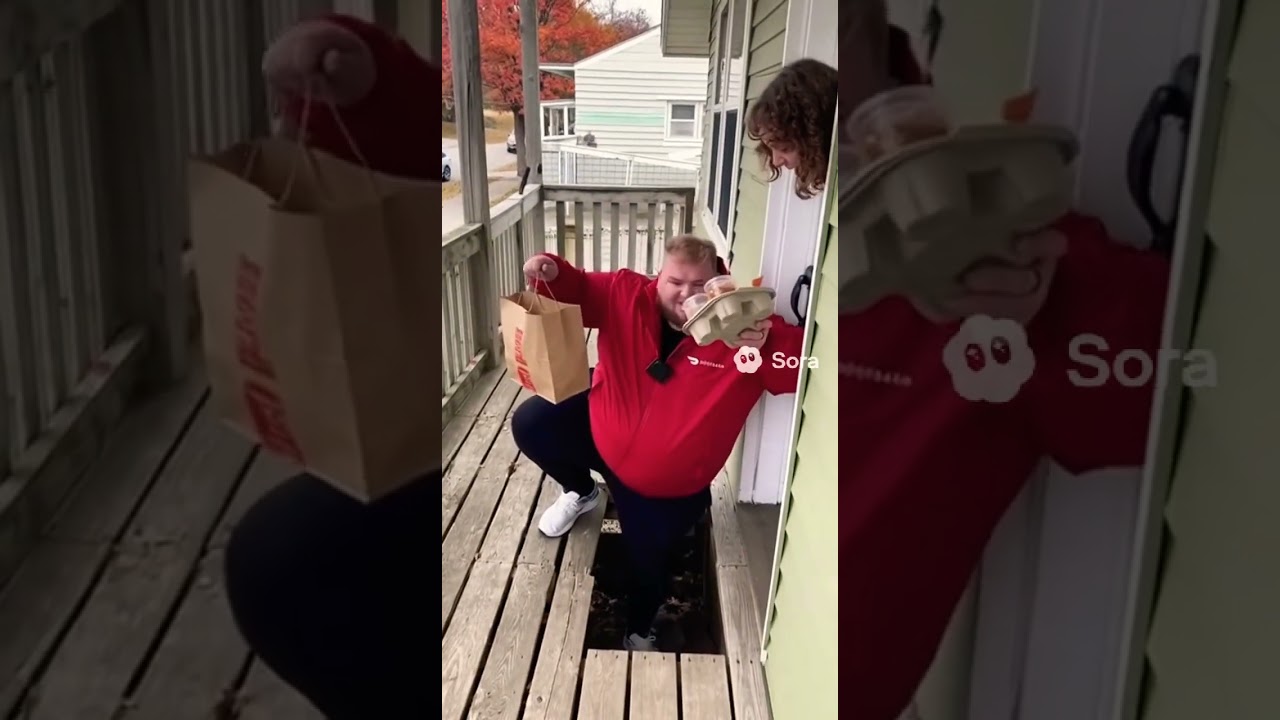Door dash delivery driver falling thru a porch while delivering food from being too fat #fypシ #abcd