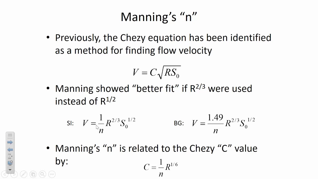 CE 331 - Class 15 (5 March 2019) Manning's equation for normal depth in steady, uniform flow