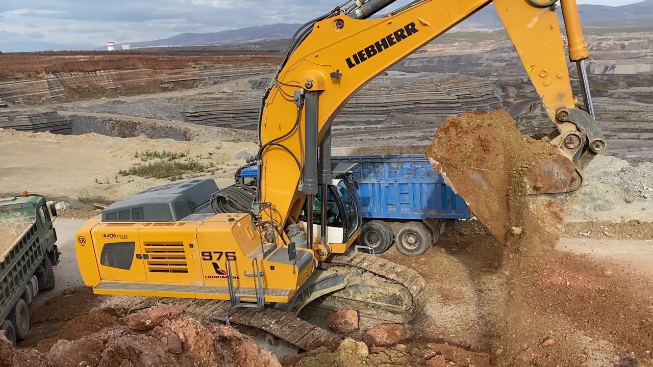 Liebherr 976 Excavator Loading Overburden On 4 Axle Trucks - Labrianidis Mining Works