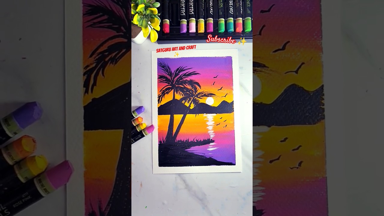 Beautiful Sunset Scenery with Oil Pastels 🤗🥰#shorts #art  #oilpastel