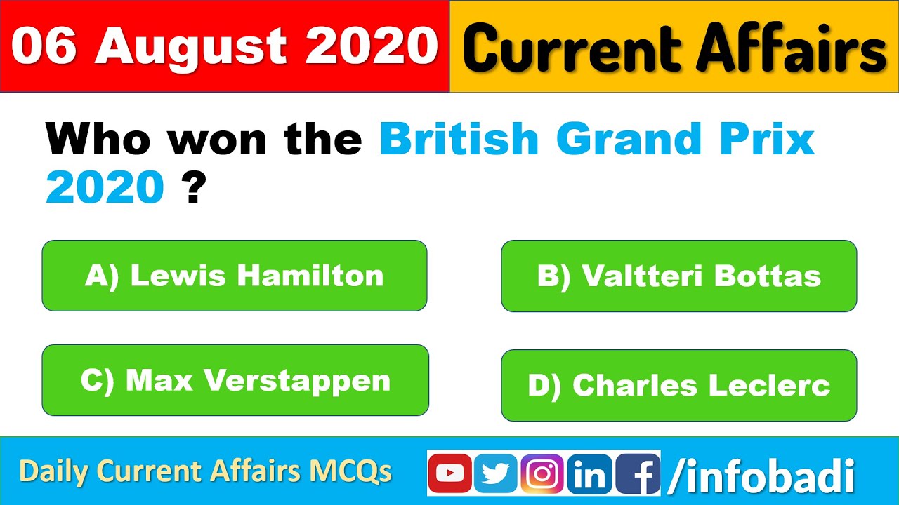 6 Aug 2020 Current Affairs | Daily MCQ's | Daily Current Affairs in English | August 2020 | #UPSC