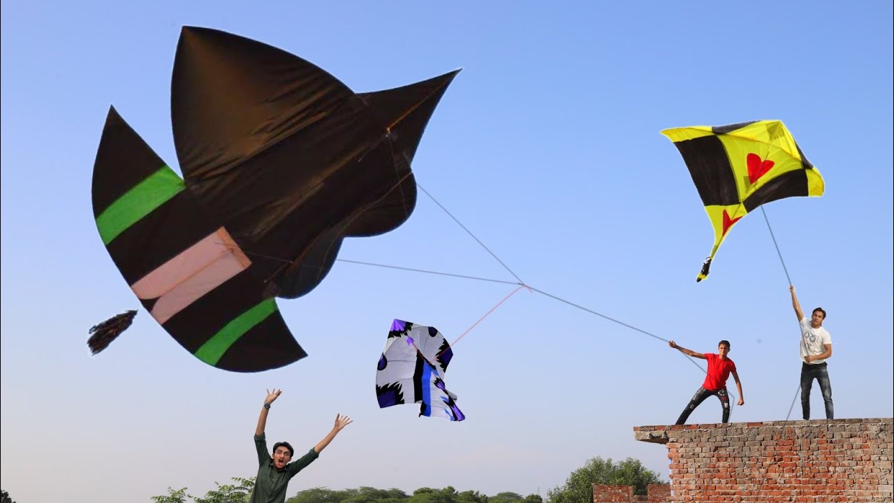 Red Small Kite Catch & Monster Kite Flying In Sky