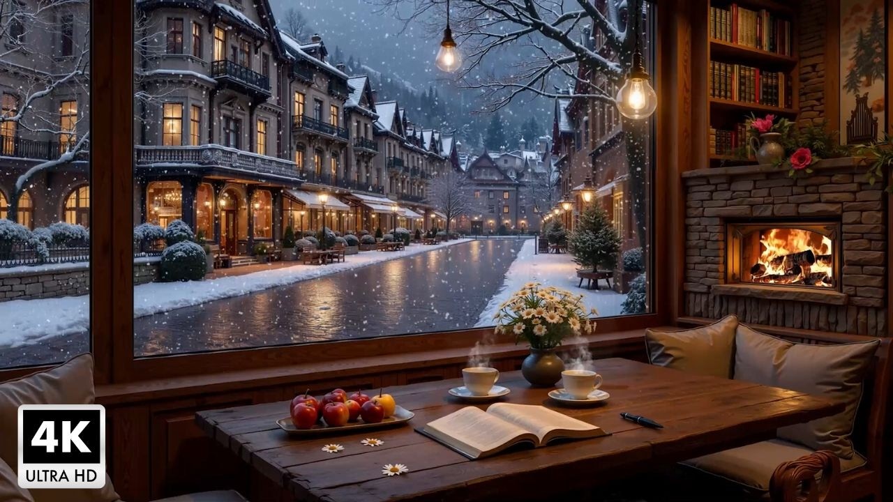Beautiful Winter Café Experience ~ Gentle Jazz Piano and Warm Fireplace for Relax, Work & Study