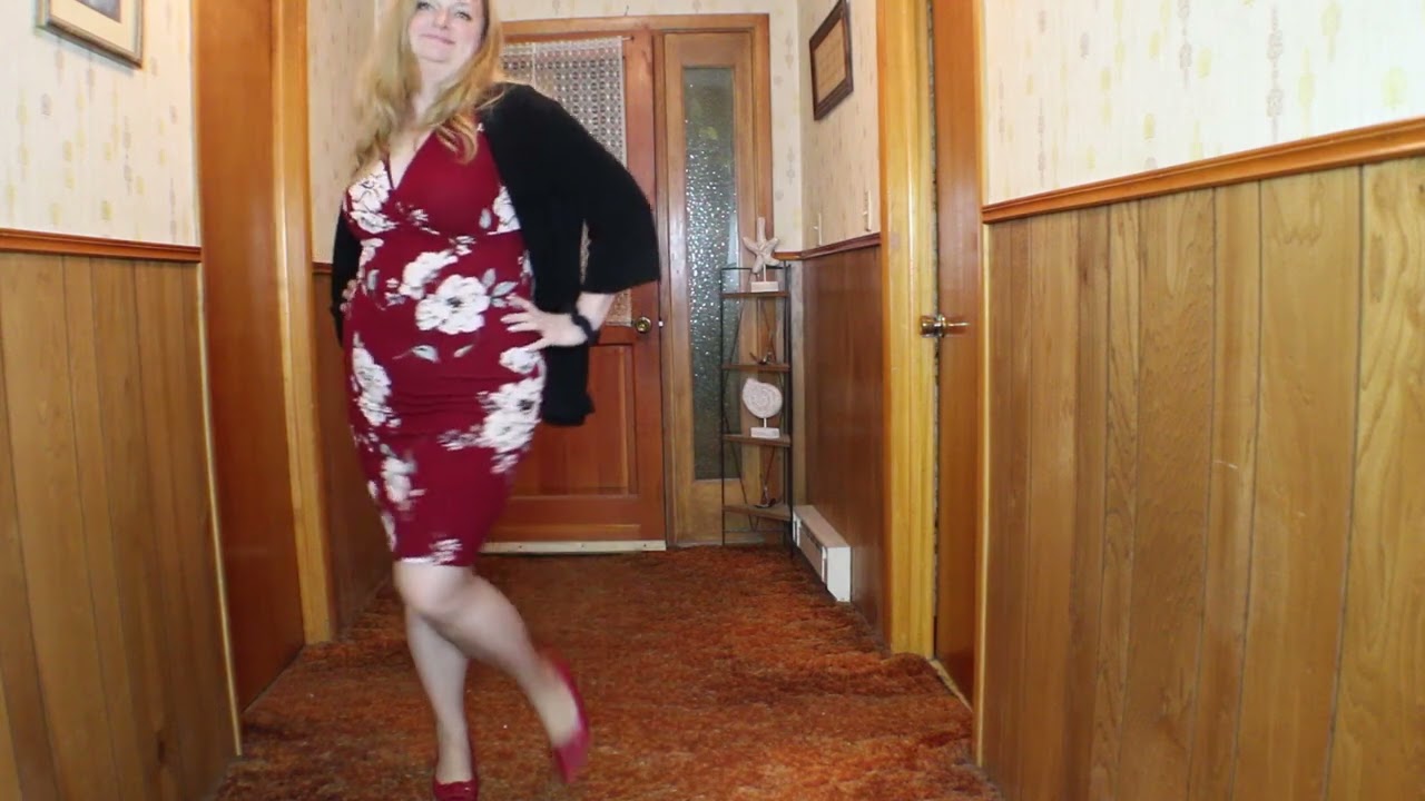 Red dress outfit complete with hosiery and heels