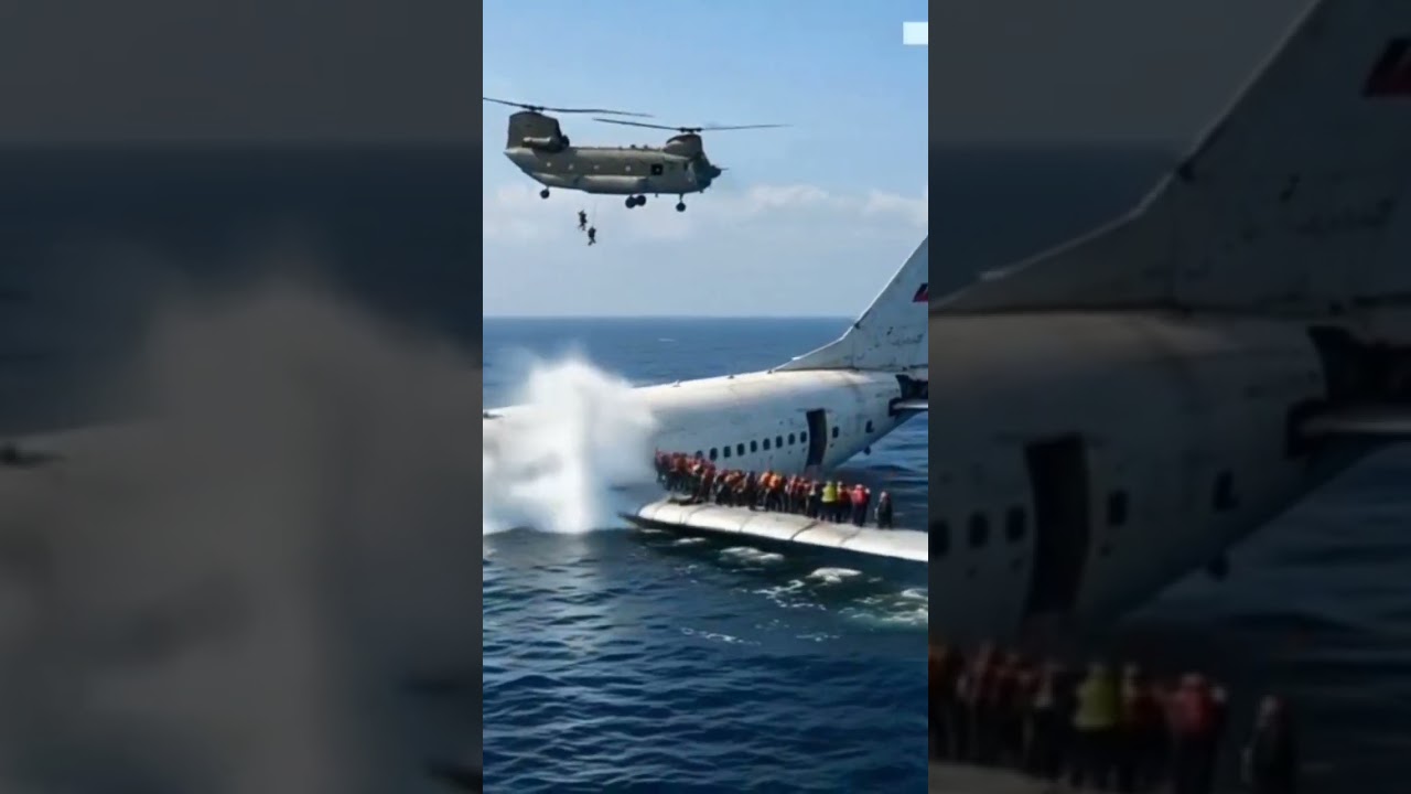 This Plane Has Crashed Into The Sea And A Helicopter Is Flying Above.