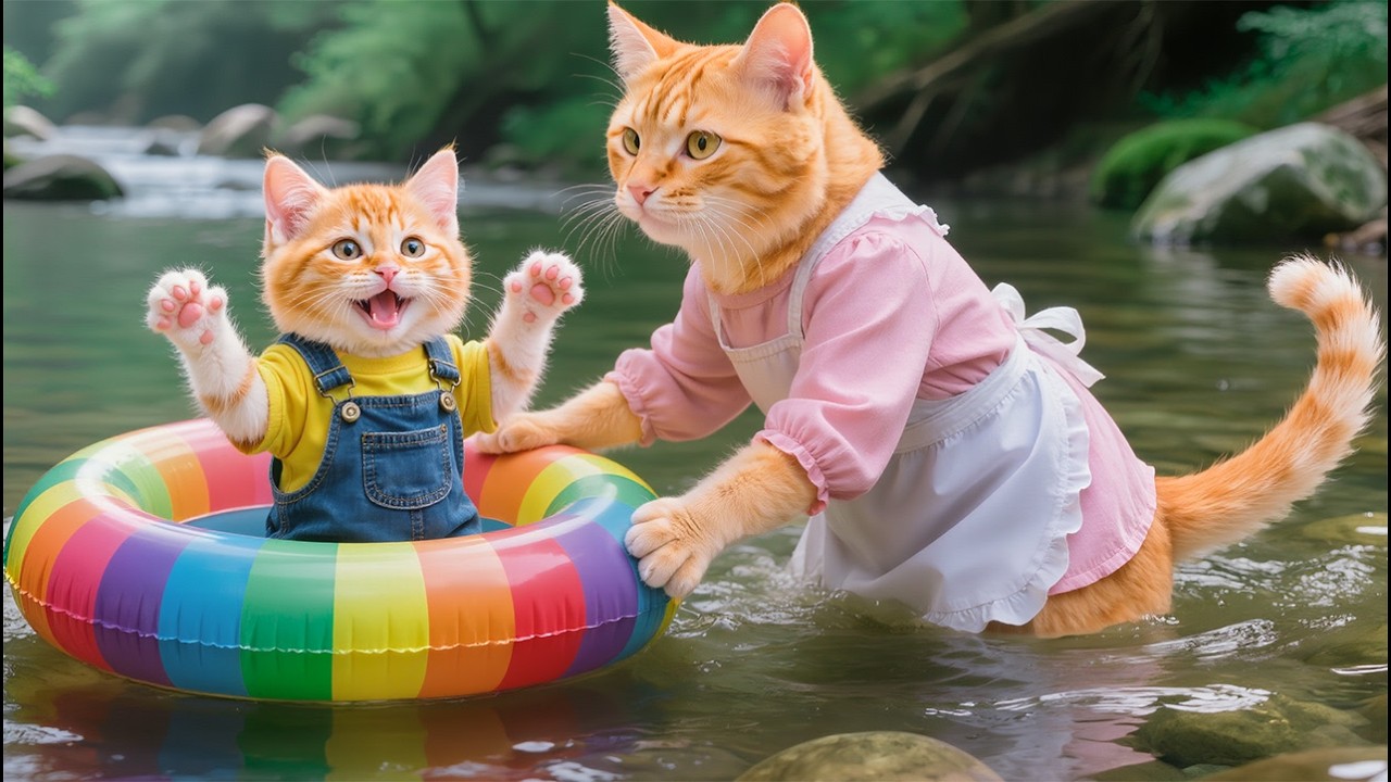 From Dream to Adventure: Mama Cat Takes Kitten to a Magical Stream Bath 💦💖