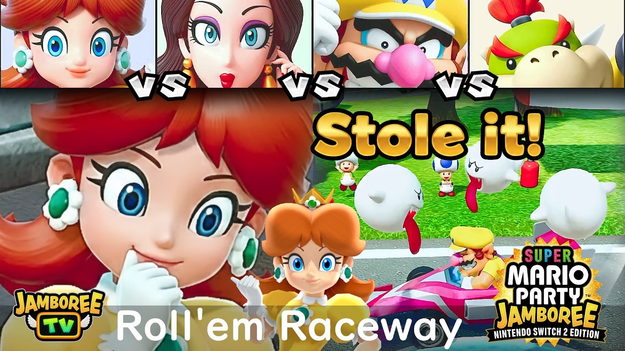 Super Mario Party Jamboree TV Daisy vs Pauline vs Wario vs Bowser Jr. in Roll 'em Raceway
