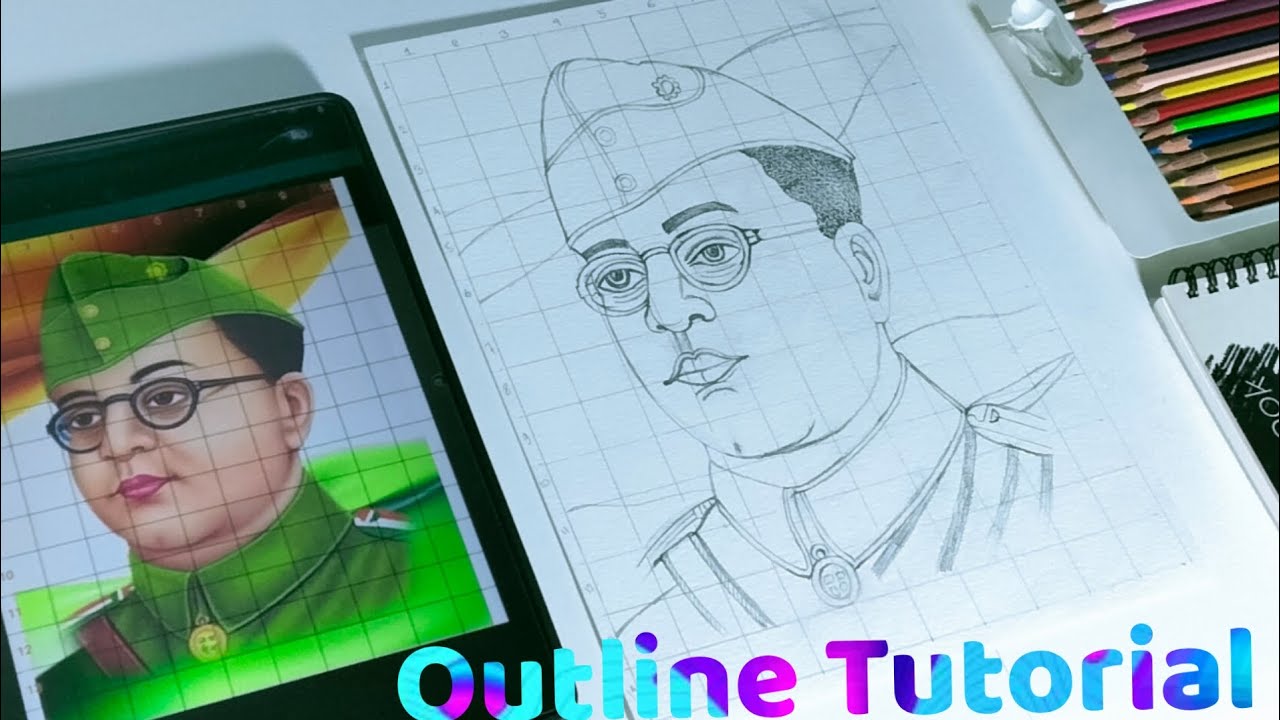 How to Draw Outline of Netaji Subhas Chandra Bose with Gridline Method? Very Easy, Step by Step 