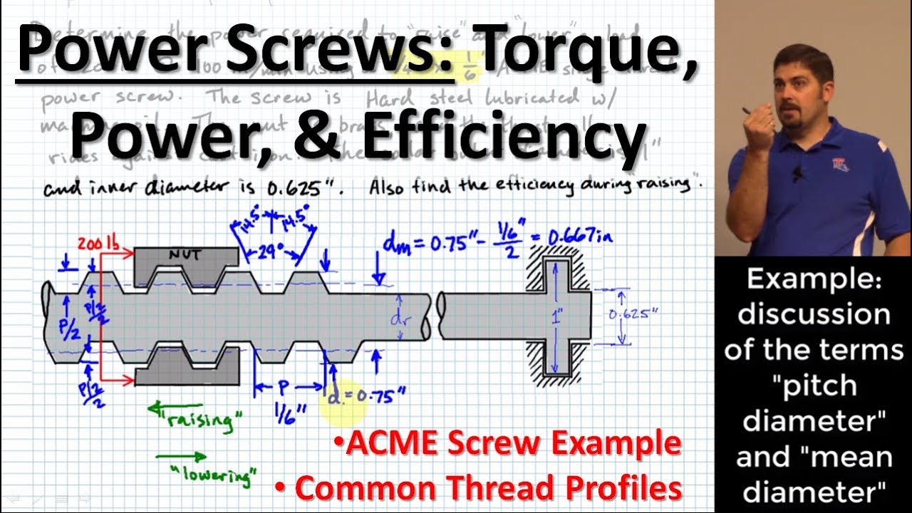 Power Screws: Torque, Power, and Efficiency | Standard Thread Profiles | ACME Lead Screw Example